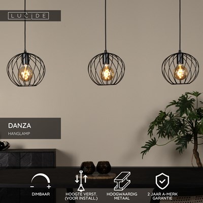 Lucide DANZA - Hanglamp - 3xE27 - Zwart